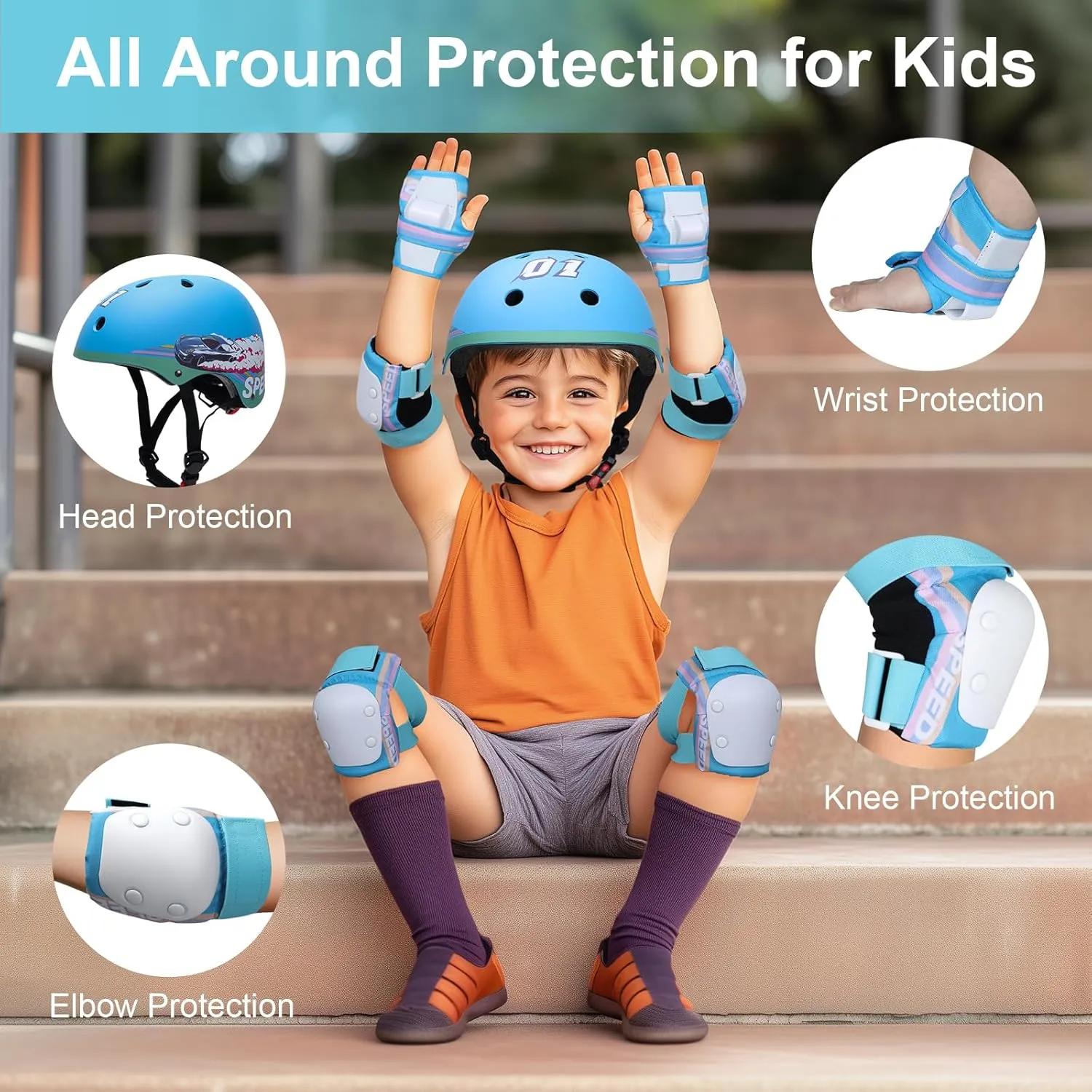 Adjustable Toddler Helmet, Kids Bike Helmets with Kid Knee Pads and Elbow Pads Set for Boys Girls 3-5/4-6/5-8 Years, Protective Gear Set for Bicycling/Skateboarding/Rollerblading/Scootering