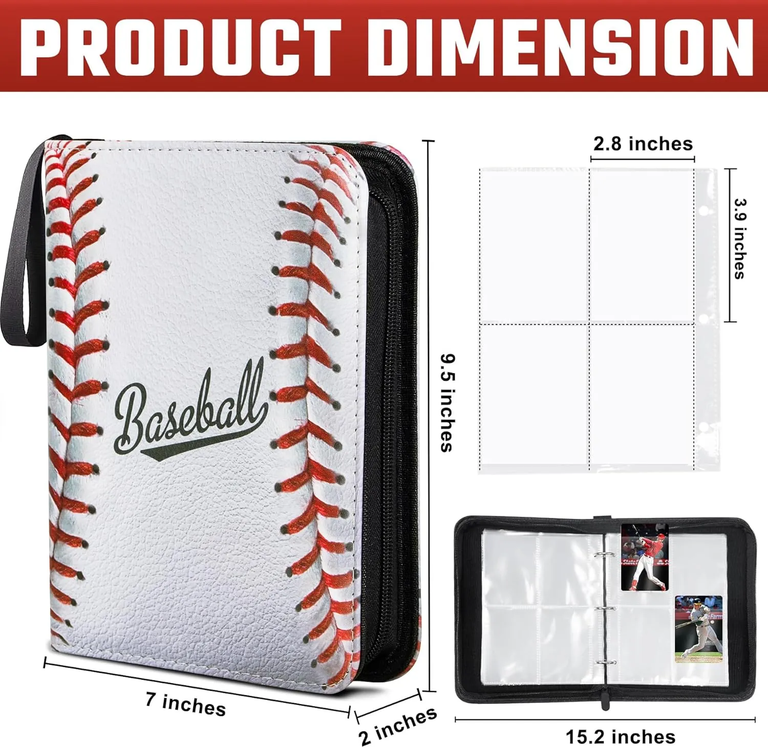 Baseball Card Binder 440 Pockets, Baseball Trading Cards Collection, 4-Pocket Sports Card Holder with 55 Pages Removable Sleeves and Zipper