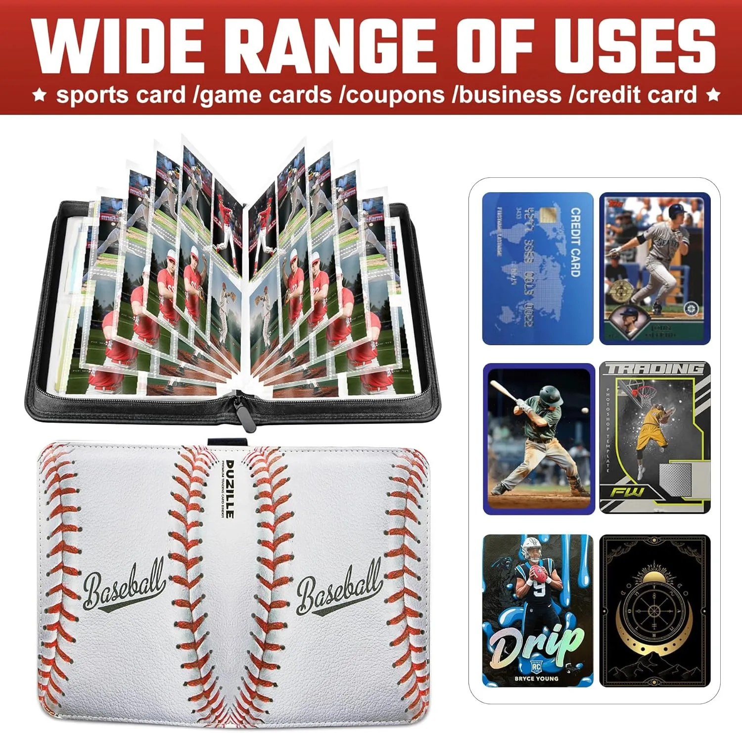 Baseball Card Binder 440 Pockets, Baseball Trading Cards Collection, 4-Pocket Sports Card Holder with 55 Pages Removable Sleeves and Zipper