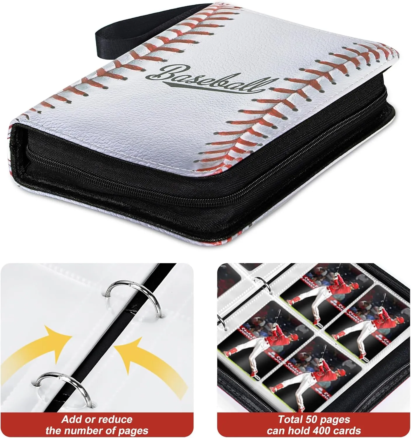 Baseball Card Binder 440 Pockets, Baseball Trading Cards Collection, 4-Pocket Sports Card Holder with 55 Pages Removable Sleeves and Zipper