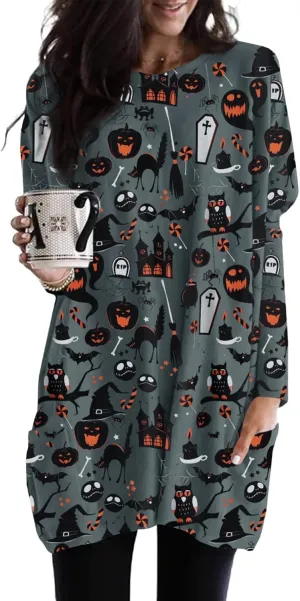 BOUTIKOME Womens Halloween Pumpkin Sweatshirt Black Cat Long Sleeve Crewneck Pullover Shirts with Pocket Tunic Tops