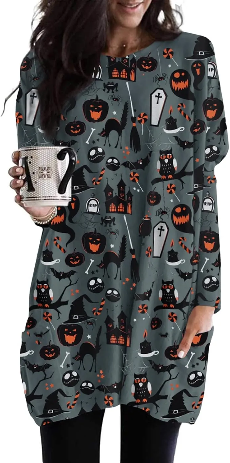 BOUTIKOME Womens Halloween Pumpkin Sweatshirt Black Cat Long Sleeve Crewneck Pullover Shirts with Pocket Tunic Tops