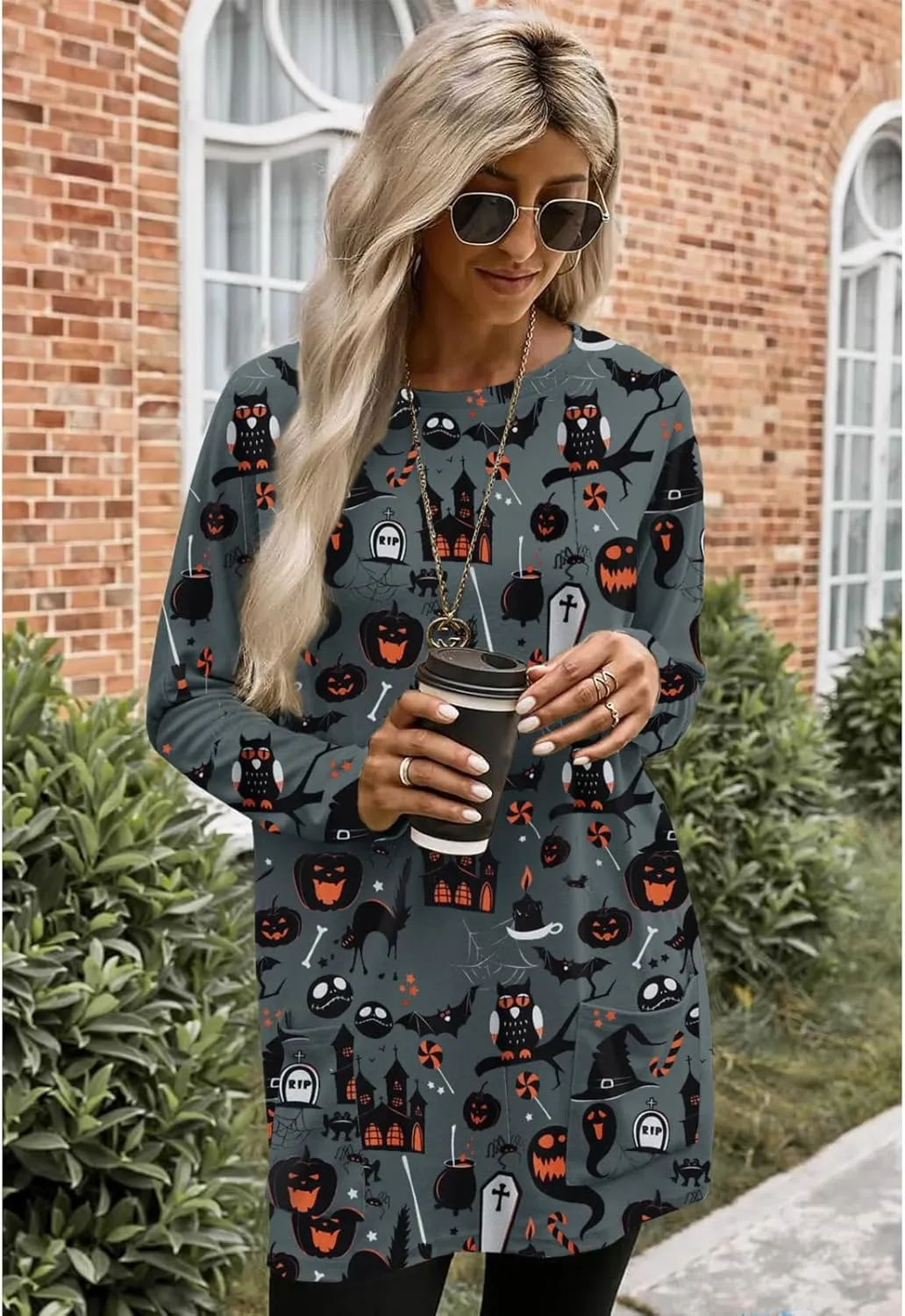 BOUTIKOME Womens Halloween Pumpkin Sweatshirt Black Cat Long Sleeve Crewneck Pullover Shirts with Pocket Tunic Tops