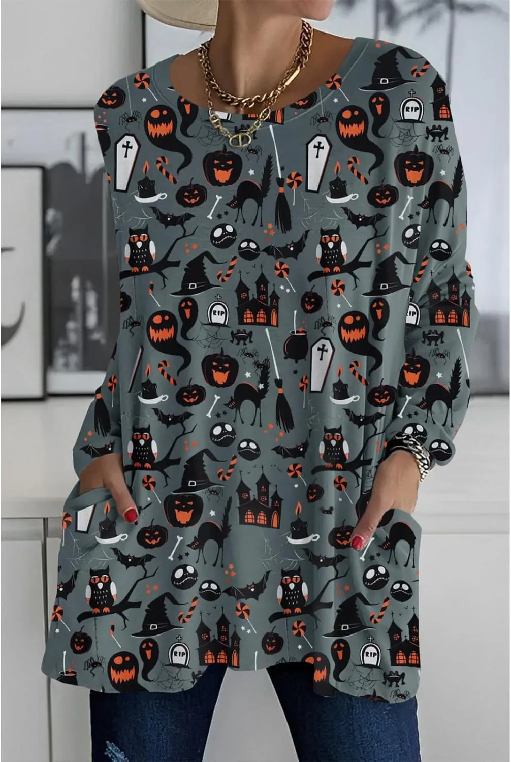 BOUTIKOME Womens Halloween Pumpkin Sweatshirt Black Cat Long Sleeve Crewneck Pullover Shirts with Pocket Tunic Tops