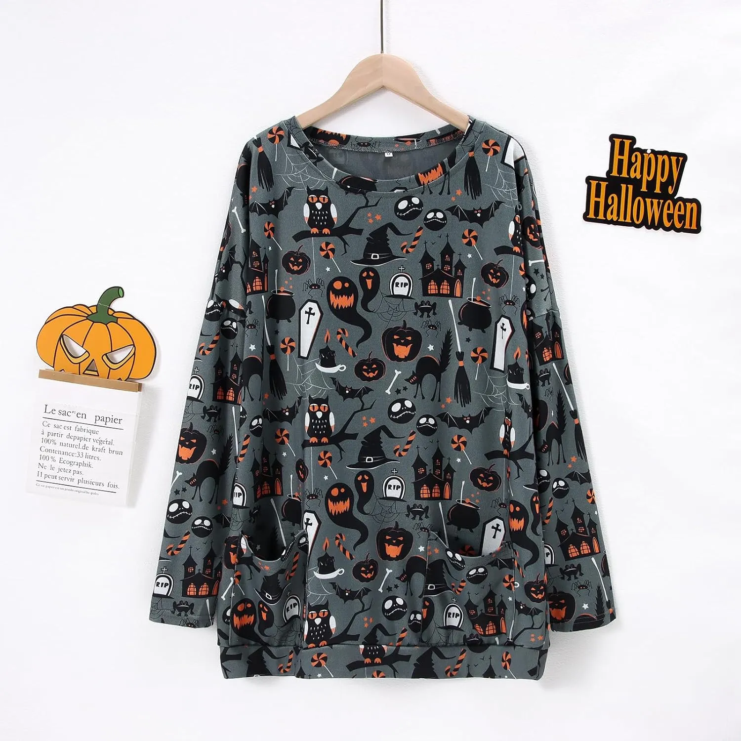 BOUTIKOME Womens Halloween Pumpkin Sweatshirt Black Cat Long Sleeve Crewneck Pullover Shirts with Pocket Tunic Tops