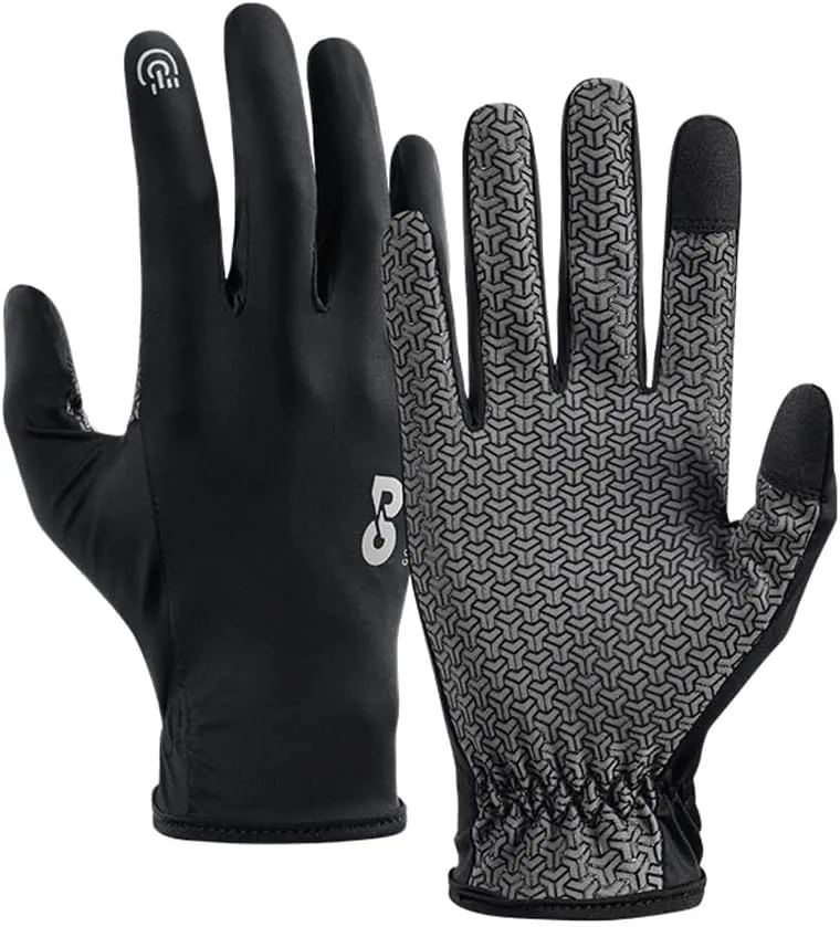 Breathable Bike Gloves for Men Women, Full Finger Thin Hiking Gloves, Touchscreen Black Motorcycle Glove, Non-Slip Silicone Gel Full Finger Mittens for Running Cycling Driving Hiking Fishing