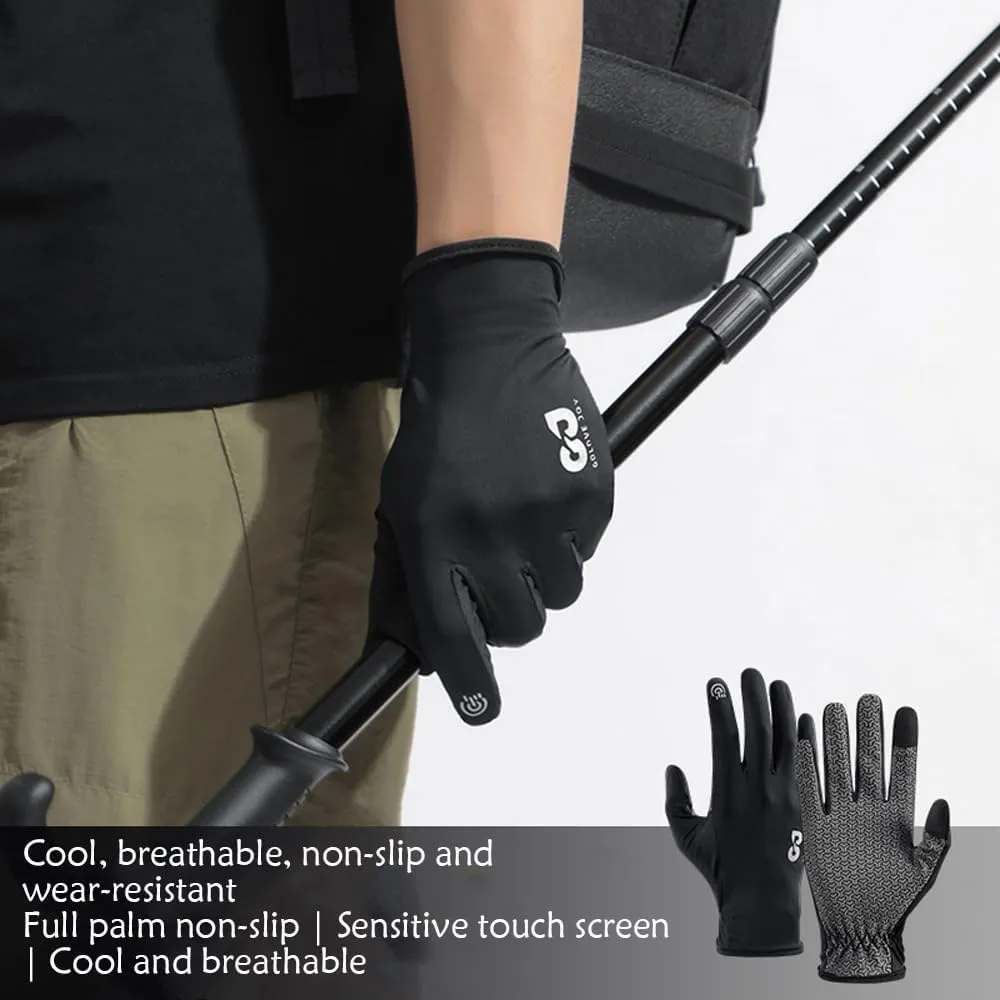 Breathable Bike Gloves for Men Women, Full Finger Thin Hiking Gloves, Touchscreen Black Motorcycle Glove, Non-Slip Silicone Gel Full Finger Mittens for Running Cycling Driving Hiking Fishing