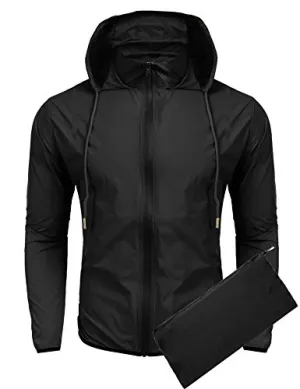 COOFANDY Unisex Packable Rain Jacket Lightweight Waterproof Hooded Outdoor Running Hiking Cycling Raincoat Black