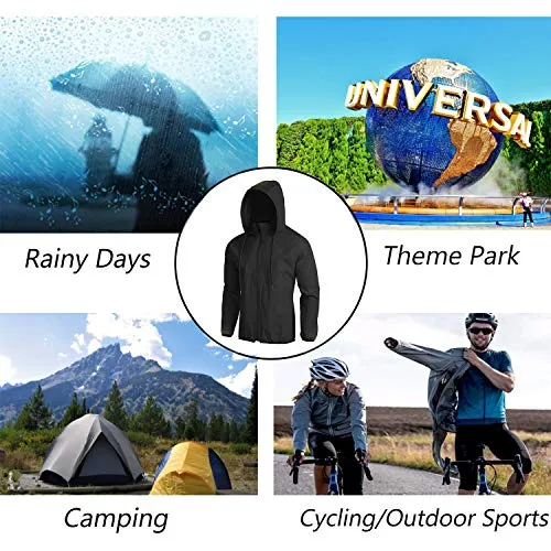 COOFANDY Unisex Packable Rain Jacket Lightweight Waterproof Hooded Outdoor Running Hiking Cycling Raincoat Black