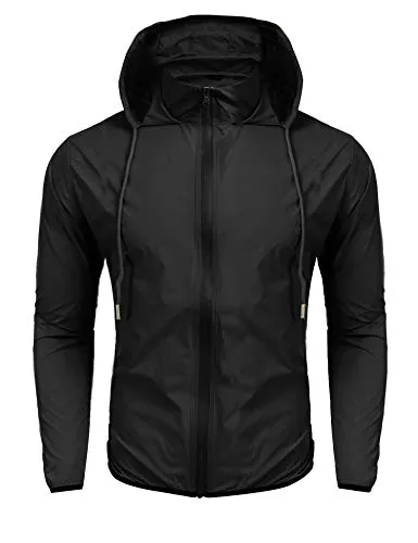 COOFANDY Unisex Packable Rain Jacket Lightweight Waterproof Hooded Outdoor Running Hiking Cycling Raincoat Black