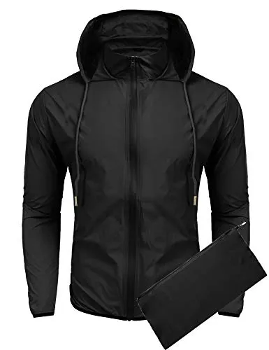 COOFANDY Unisex Packable Rain Jacket Lightweight Waterproof Hooded Outdoor Running Hiking Cycling Raincoat Black