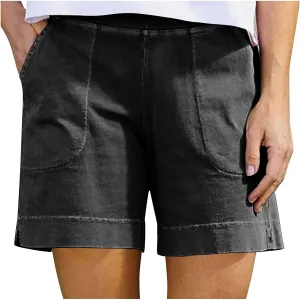 Cotton Shorts for Women Casual 7 Inch Inseam Shorts Summer Elastic Waist Short Vacation Beach Outfits with Pockets