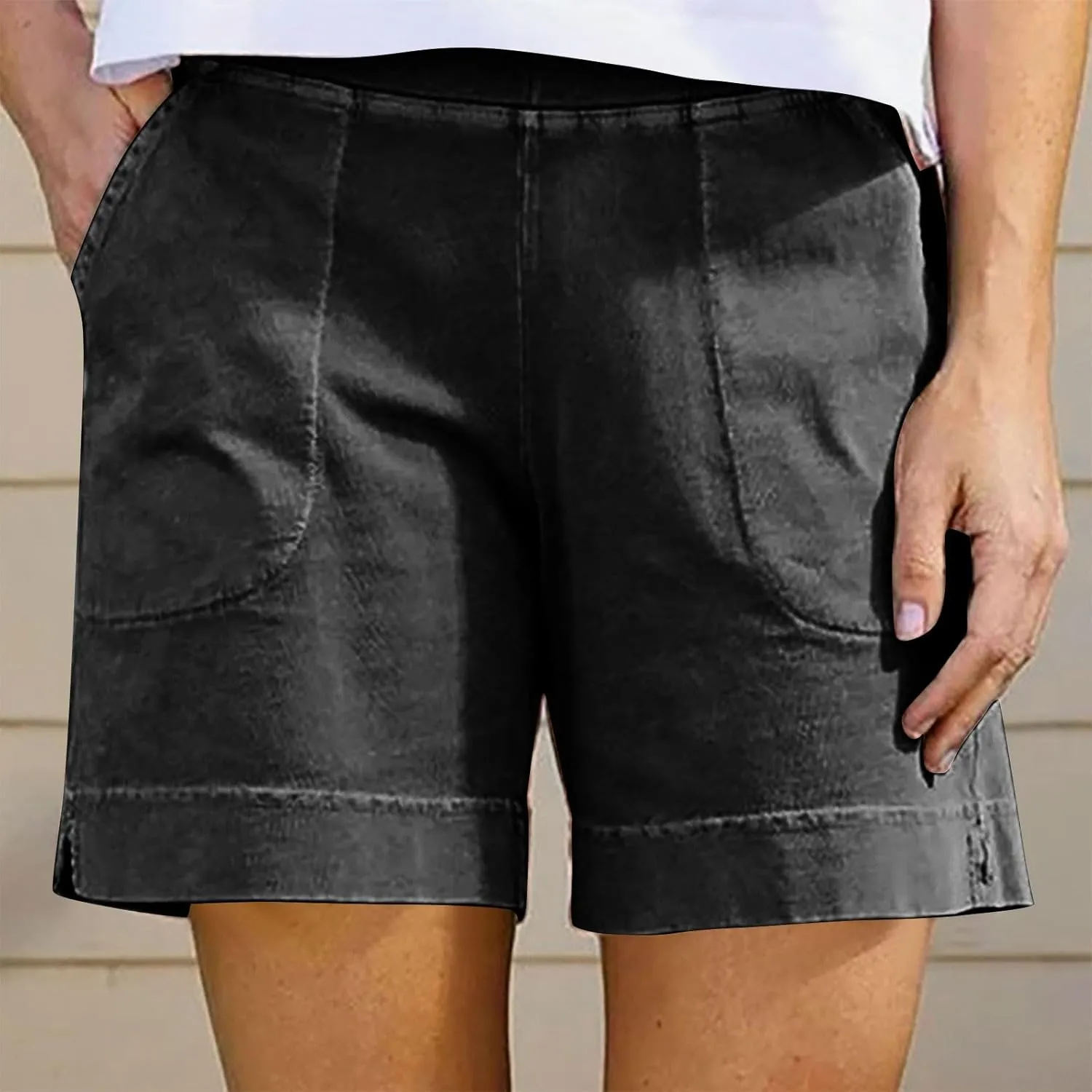 Cotton Shorts for Women Casual 7 Inch Inseam Shorts Summer Elastic Waist Short Vacation Beach Outfits with Pockets