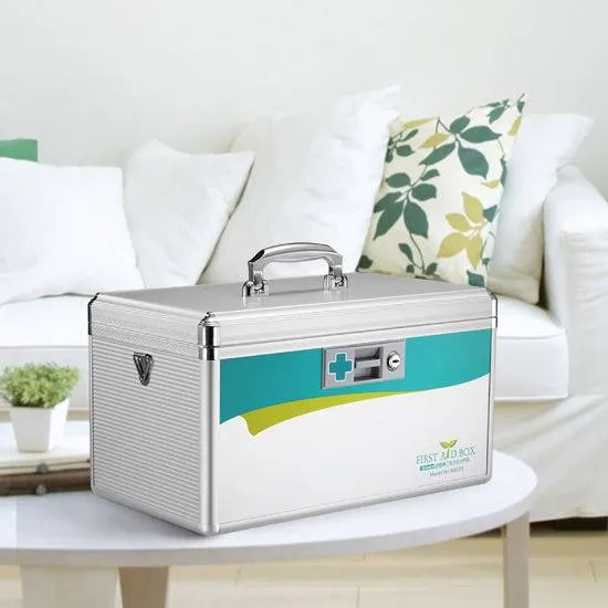 Glosen Lockable First Aid Box/Medicine Storage Box with Portable Handle Small Silver