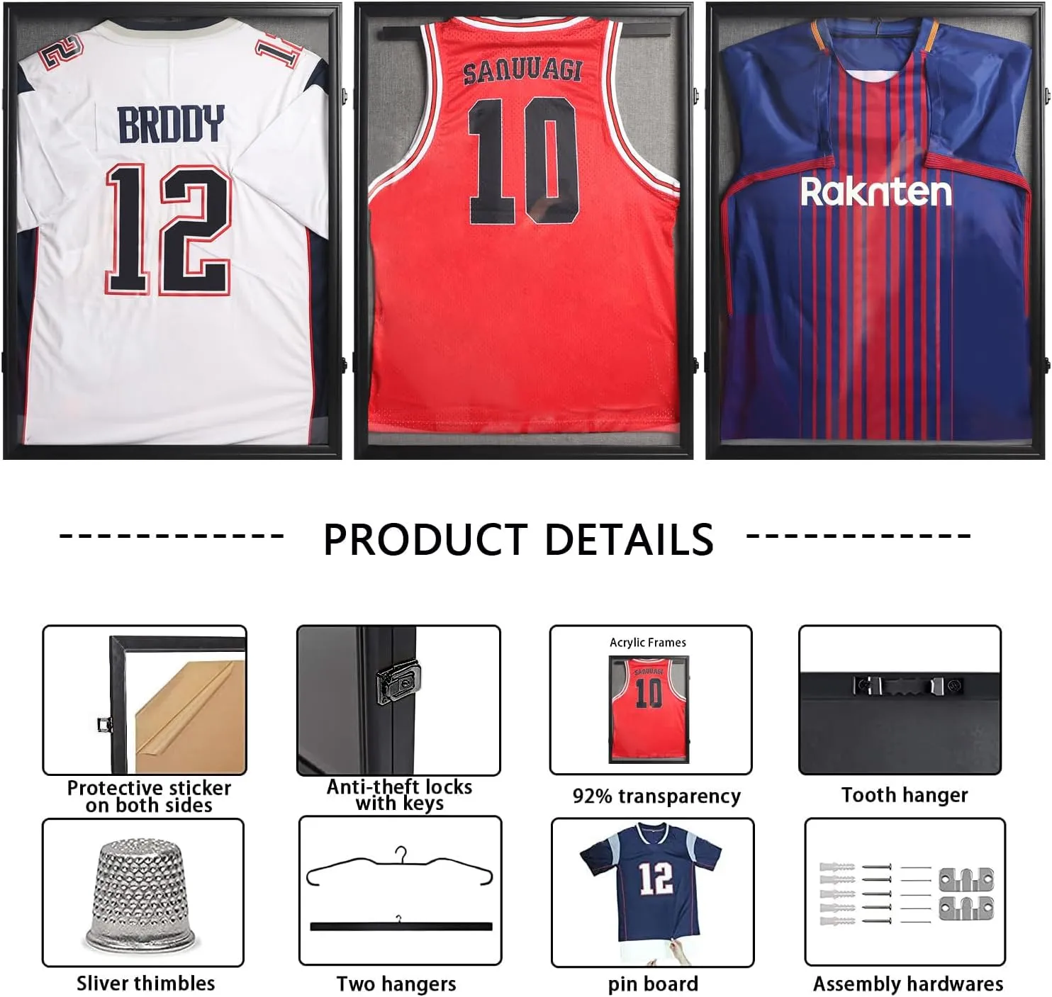 Jersey Frame Display Case - 3 Pack Large Lockable Sports Jersey Frame Shadow Box with Uv Protected Acrylic and Hanger for Baseball Basketball Football Soccer Hockey Sport Shirt Linen Black