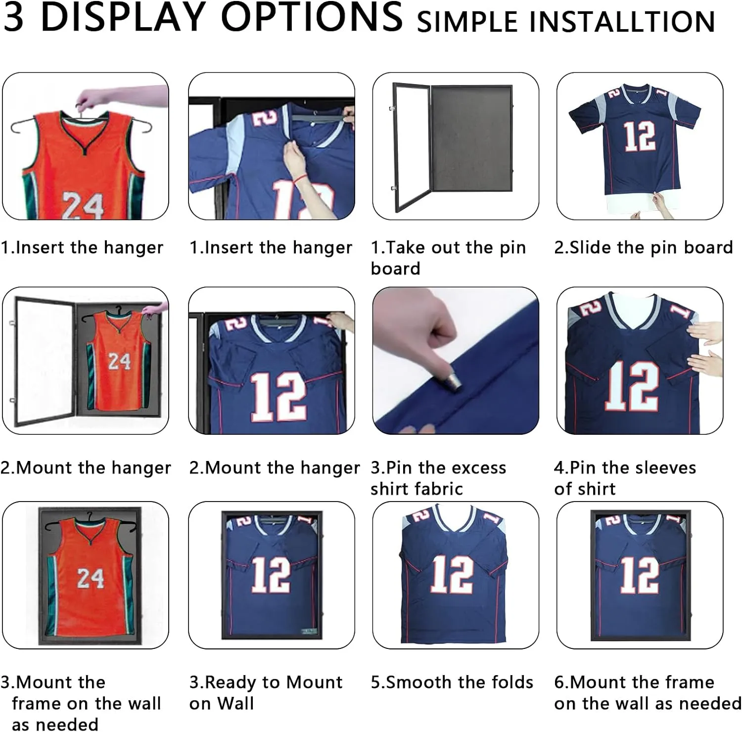 Jersey Frame Display Case - 3 Pack Large Lockable Sports Jersey Frame Shadow Box with Uv Protected Acrylic and Hanger for Baseball Basketball Football Soccer Hockey Sport Shirt Linen Black