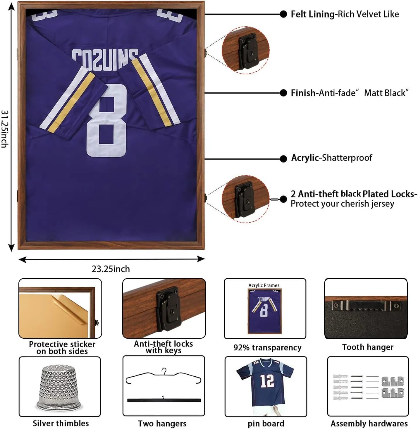 Jinchuan Jersey Frame Display Case Shadow Box Lockable with UV Protection for Baseball Basketball Football Soccer Hockey Sport Shirt