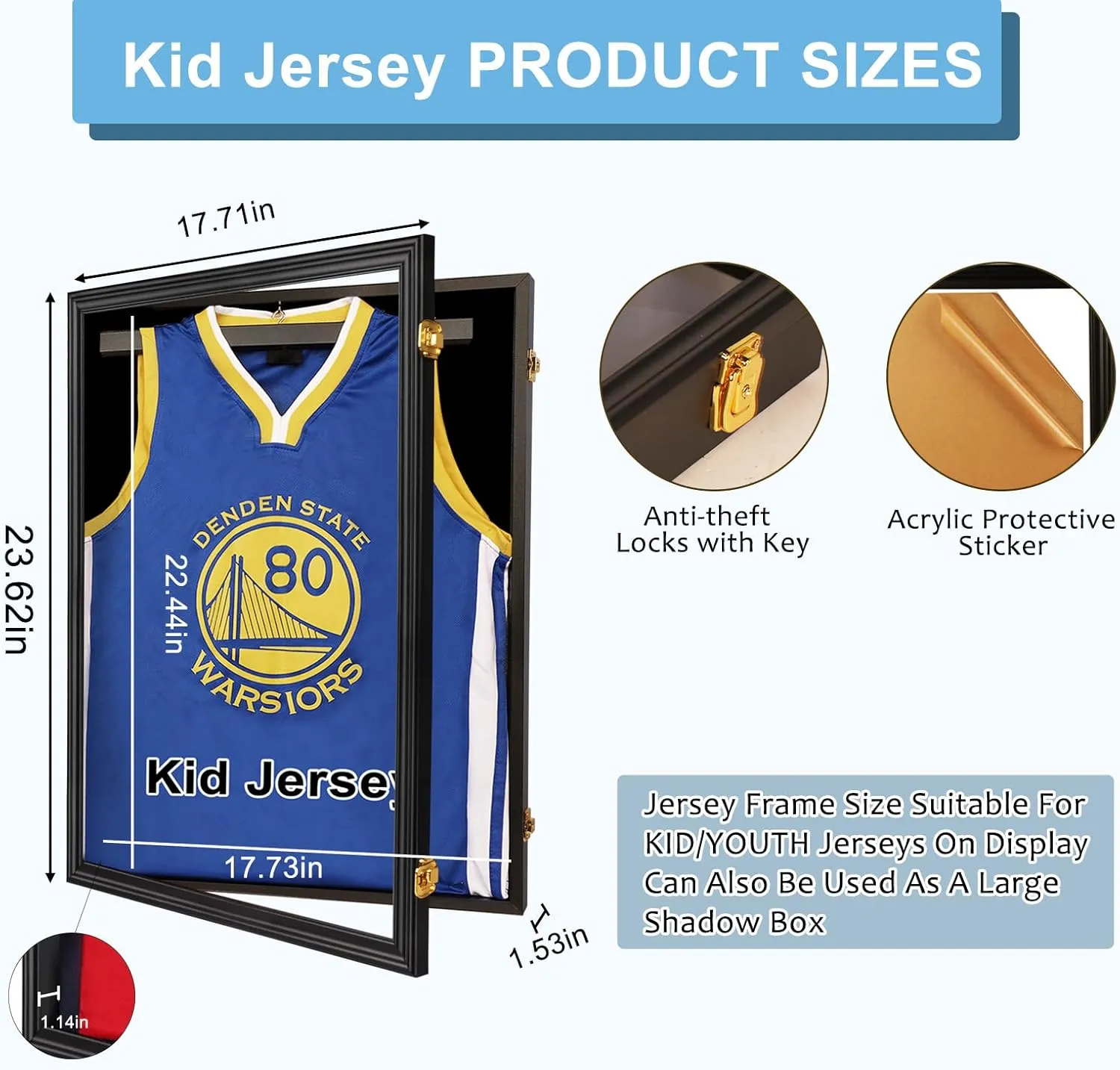 Jinchuan Jersey Frame Display Case Shadow Box Lockable with UV Protection for Baseball Basketball Football Soccer Hockey Sport Shirt