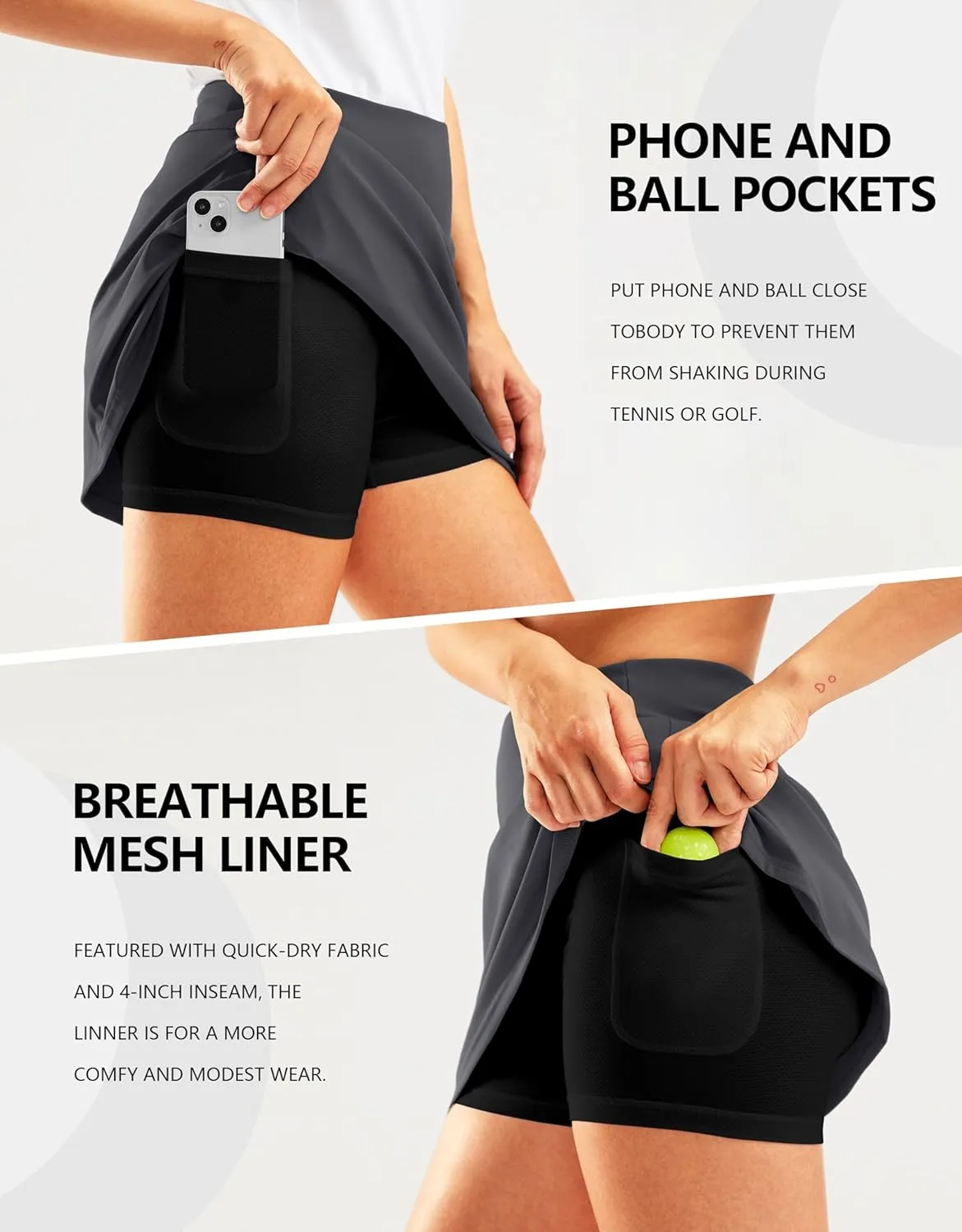 SANTINY 16" Golf Skorts Skirts for Women Zipper Pockets Women's High Waisted Tennis Skirt Athletic Skort