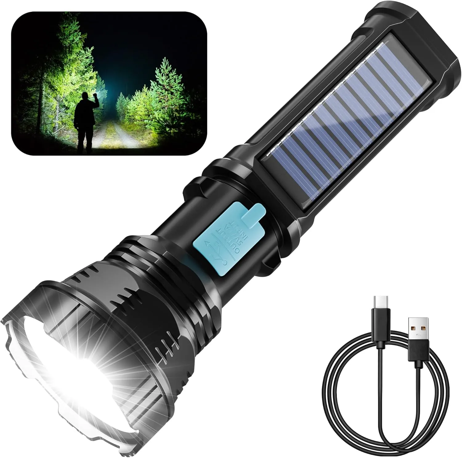 Solar/Rechargeable LED Flashlights, Multi Function Flashlight with 2000 mAh Battery, Emergency Strobe Light, Waterproof, Fast USB Charging, Survival Gear and Supplies for Emergencies Camping