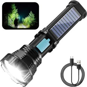Solar/Rechargeable LED Flashlights, Multi Function Flashlight with 2000 mAh Battery, Emergency Strobe Light, Waterproof, Fast USB Charging, Survival Gear and Supplies for Emergencies Camping
