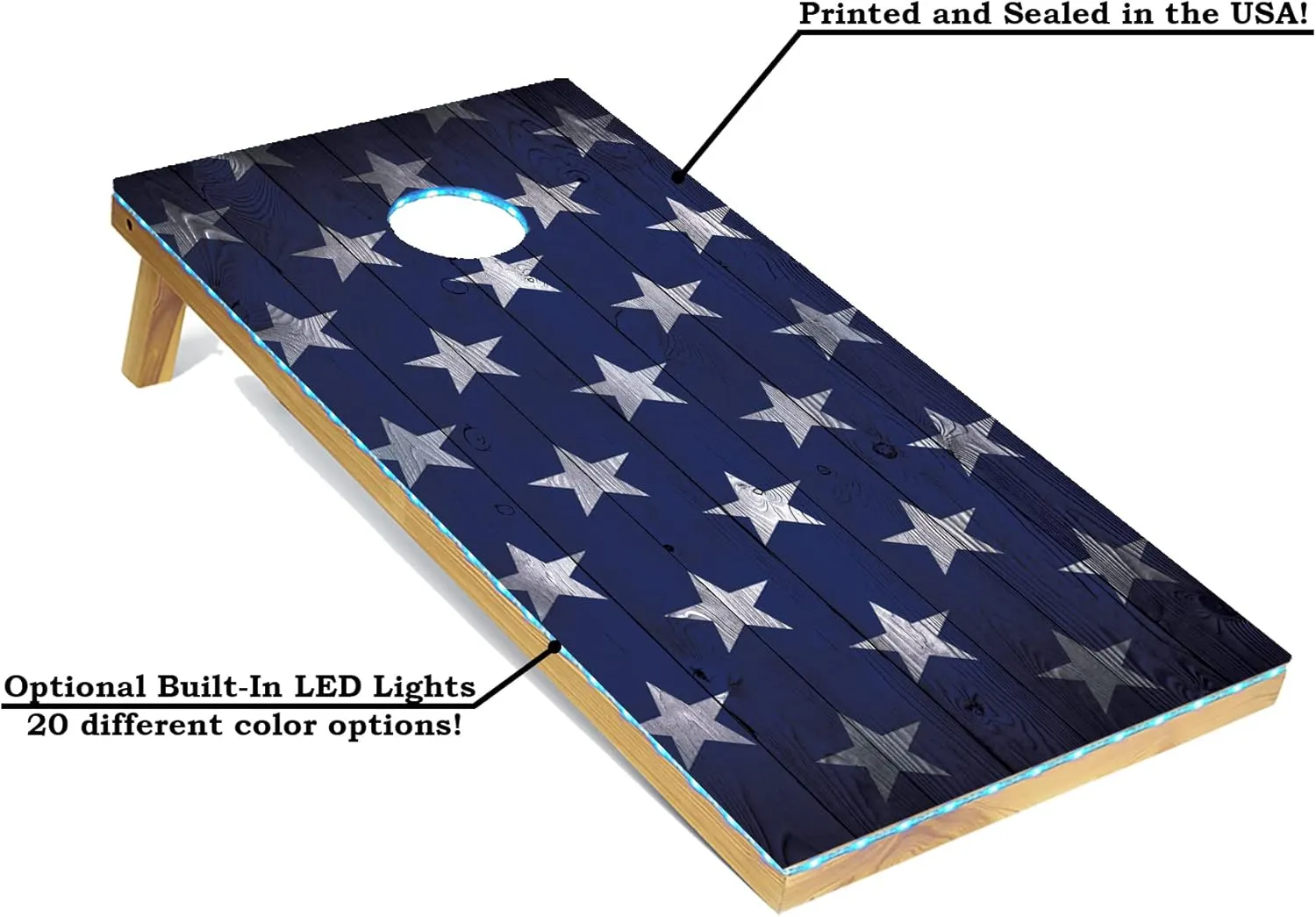 Tailgating Pros 4x2 Regulation Cornhole Boards Flag Set- Includes 8 Bean Bags, Carrying Cases, and Score Keeper - Optional LED Lights