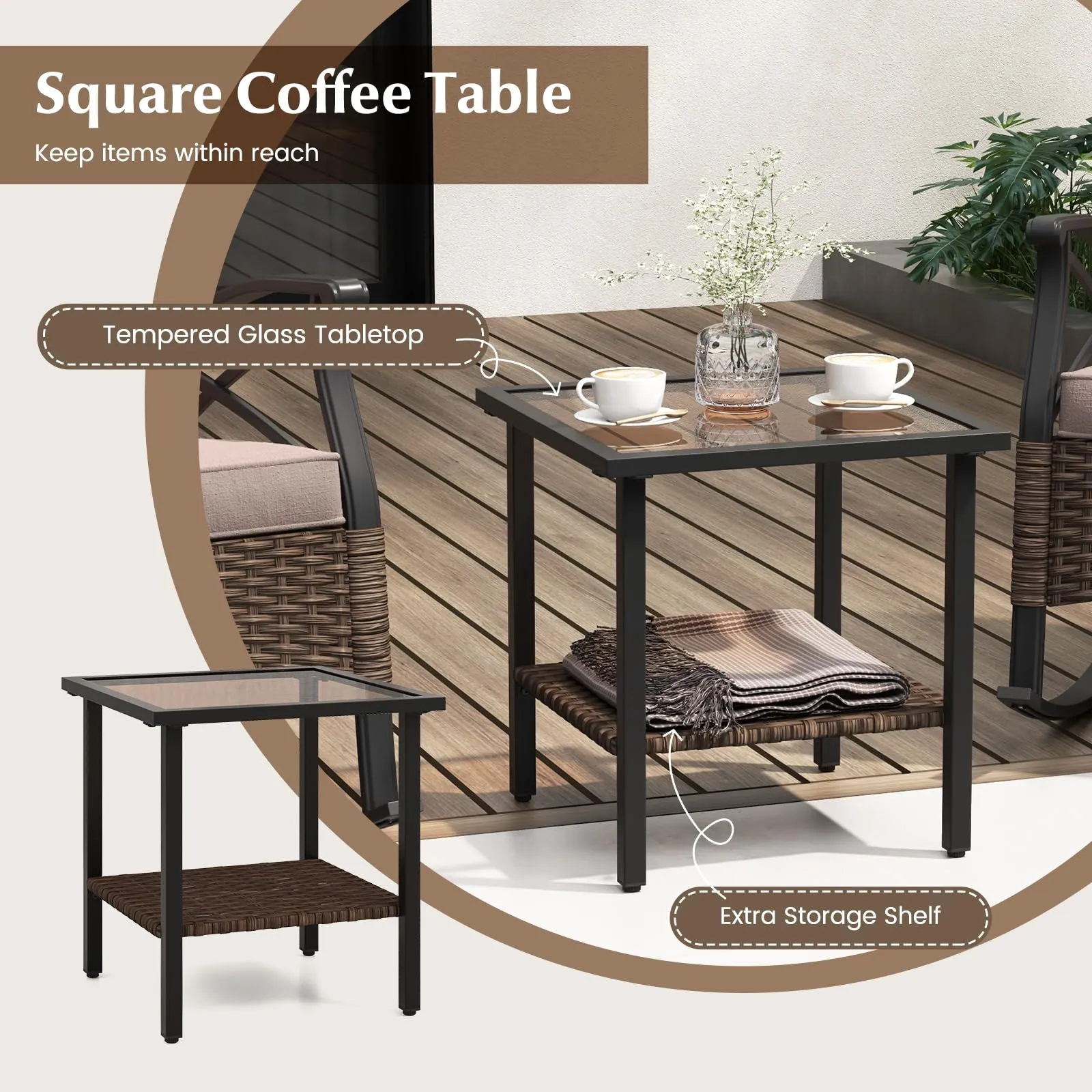Tangkula 3 Pieces Outdoor Rocking Chairs Set, Rattan Heavy Duty Cushioned Rocker Chairs with 2-Tier Tempered Glass Coffee Table